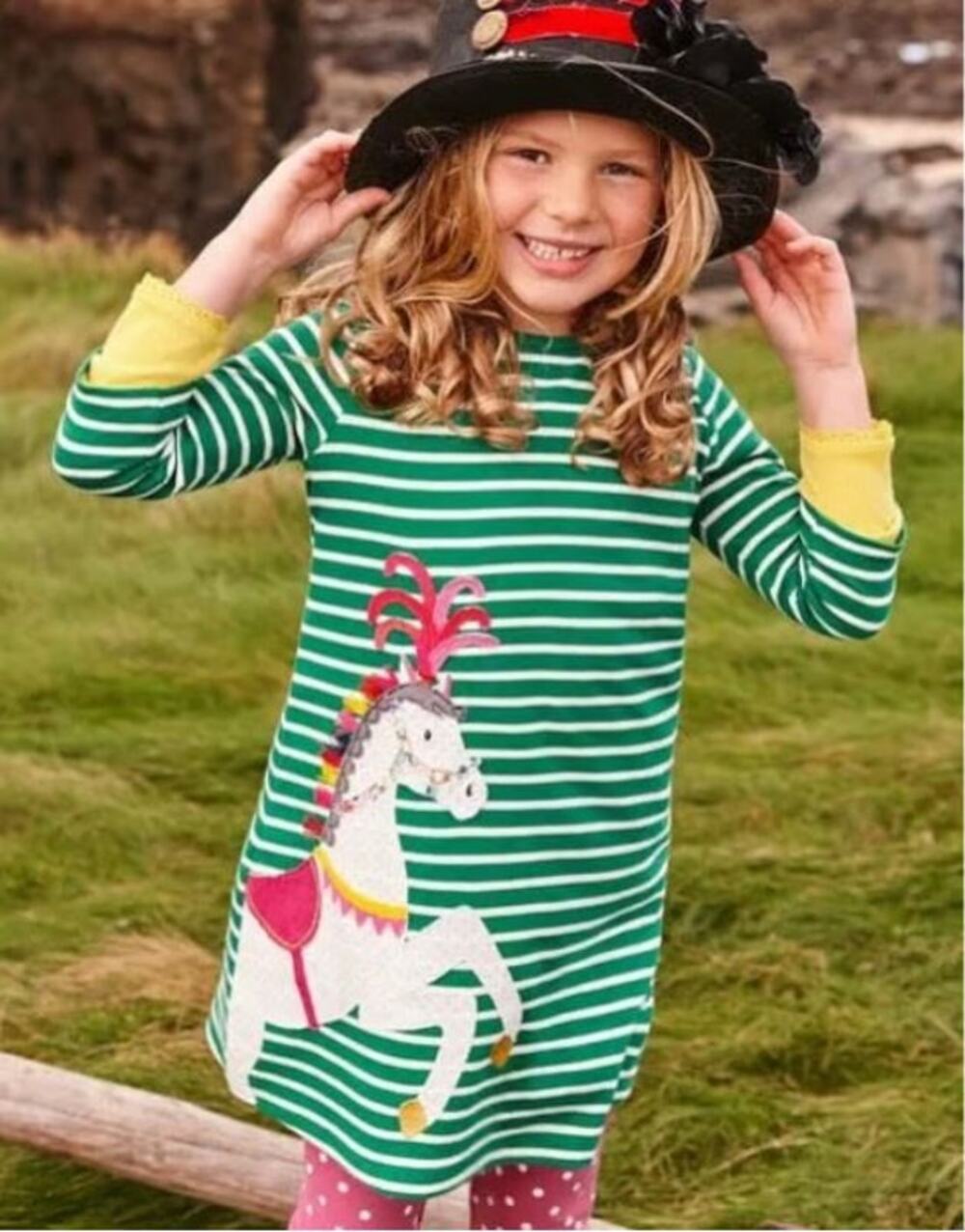 Mini Boden Carousel Horse Applique 3/4 Sleeves Dress Green White Stripe 9-10 yrs